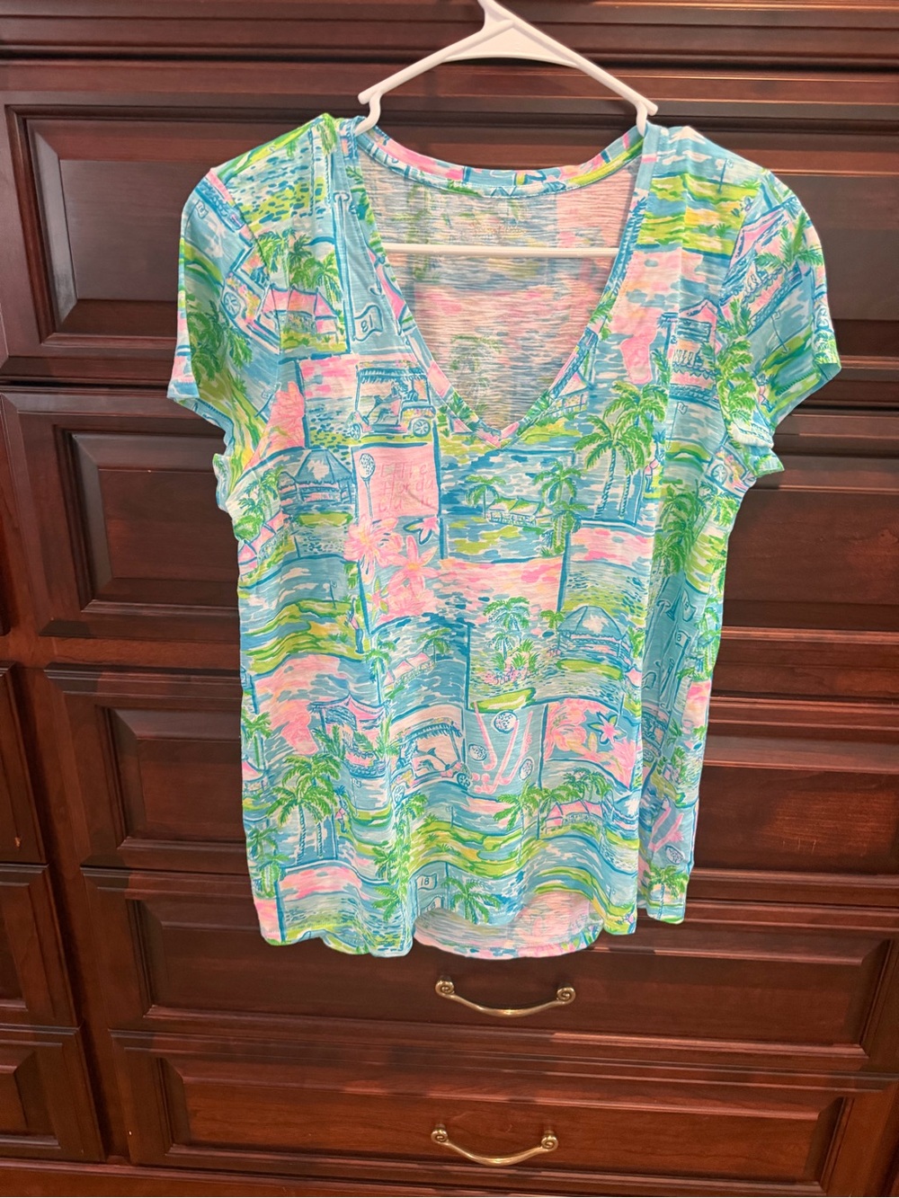 Lilly Pulitzer V-Neck Tee in Aqua, Pink & Green Tropical Print